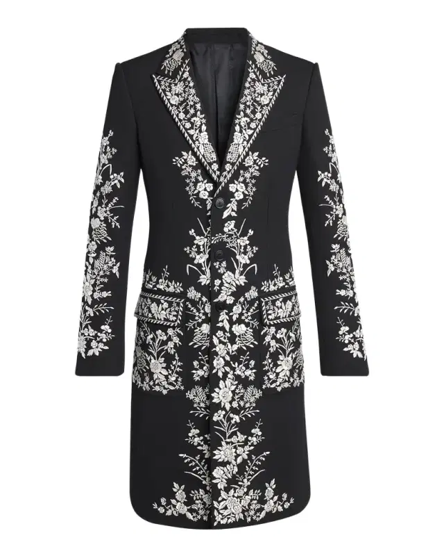 McQueen Men 's Wool Embroidered Peak Lapel Overcoat