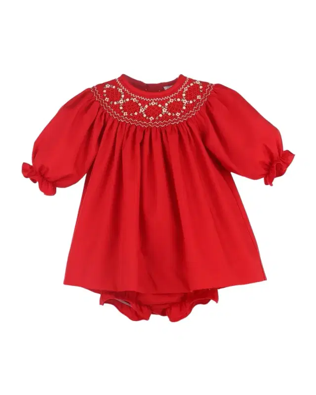 Luli & Me Girl 's Holly Berry Smocked Bishop Dress & Bloomers Set, Size NB-18M