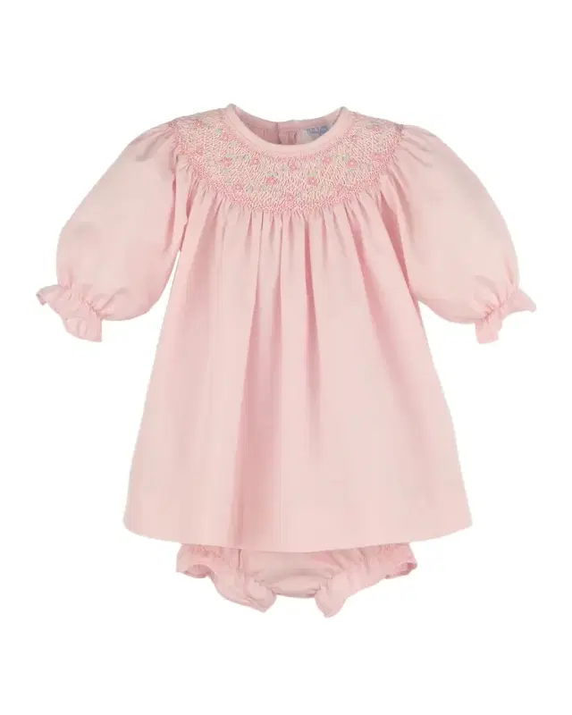 Luli & Me Girl 's Holly Berry Smocked Bishop Dress & Bloomers Set, Size NB-18M