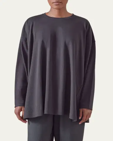 Eskandar Side Panelled Round Neck Long Sleeve T-Shirt (Mid Plus Length) | Thumbnail 2