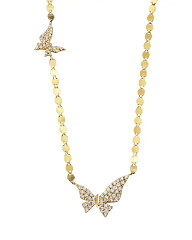 14K Yellow Gold Flawless Double Butterfly Necklace with Diamonds