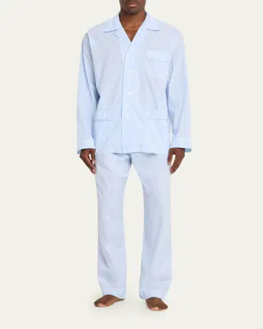 Bergdorf Goodman Men's Cotton and Linen Micro-Check Long Pajama Set | Thumbnail 2 Bergdorf Goodman Men's Cotton and Linen Micro-Check Long Pajama Set | Thumbnail 2