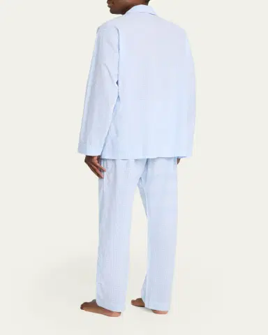 Bergdorf Goodman Men's Cotton and Linen Micro-Check Long Pajama Set | Thumbnail 3 Bergdorf Goodman Men's Cotton and Linen Micro-Check Long Pajama Set | Thumbnail 3