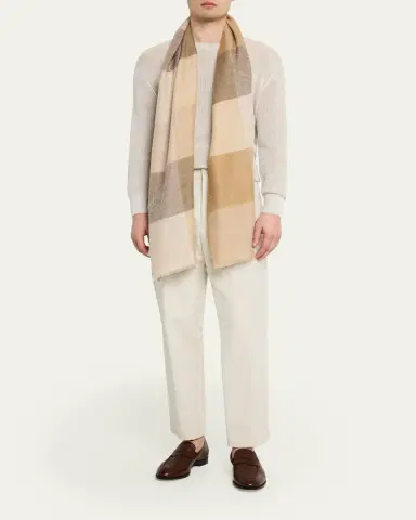 PIACENZA 1733 Men's Cashmere Maxi-Check Eyelash Fringe Scarf | Thumbnail 2 PIACENZA 1733 Men's Cashmere Maxi-Check Eyelash Fringe Scarf | Thumbnail 2