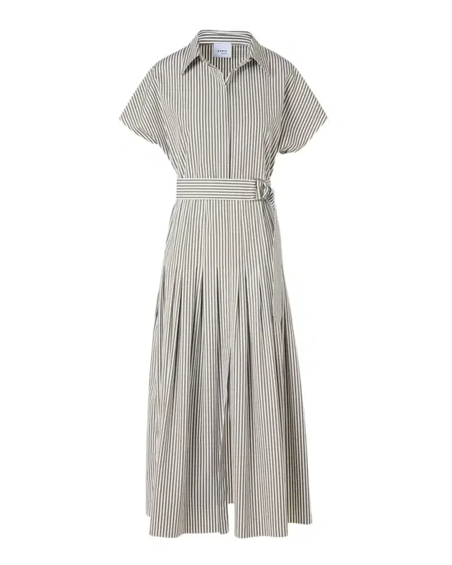 Akris punto Cap-Sleeve Belted Cotton Poplin Pleated Midi Shirtdress
