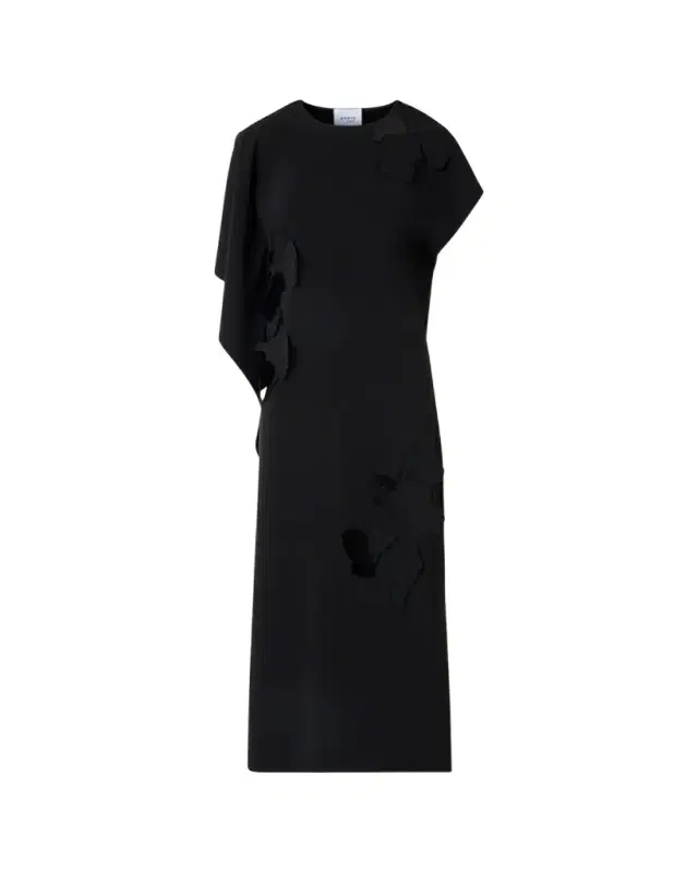 Sleeveless Asymmetric Draped Papercut Flower Crepe Midi Dress
