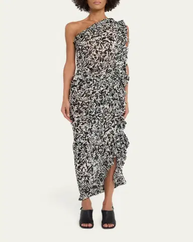 Dries Van Noten Dina One-Shoulder Abstract-Print Ruffle Midi Dress | Thumbnail 2 Dries Van Noten Dina One-Shoulder Abstract-Print Ruffle Midi Dress | Thumbnail 2