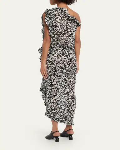 Dries Van Noten Dina One-Shoulder Abstract-Print Ruffle Midi Dress | Thumbnail 3 Dries Van Noten Dina One-Shoulder Abstract-Print Ruffle Midi Dress | Thumbnail 3