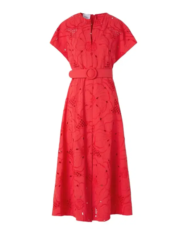 Akris punto Floral Eyelet Embroidered Short-Sleeve Belted Midi Dress
