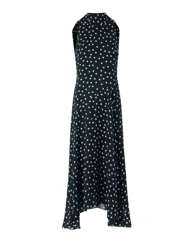 Akris punto Mock-Neck Polka-Dot Viscose Georgette Handkerchief Midi Dress