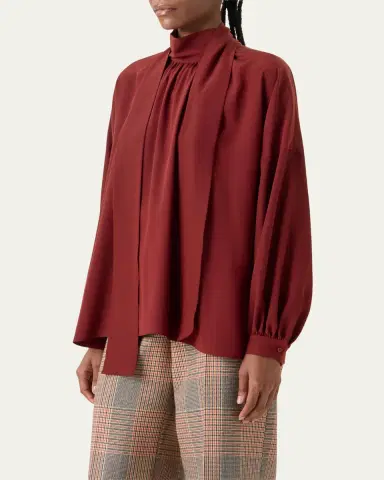 Akris punto Mock-Neck Bow Tie Silk Crepe De Chine Blouse | Thumbnail 4