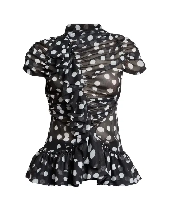 Chuchu Polka-Dot Sheer Ruffle Blouse