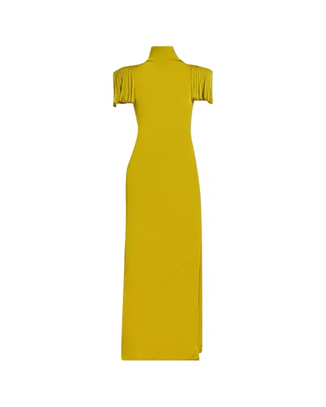 Turtleneck Godet-Sleeve Side-Slit Maxi Dress