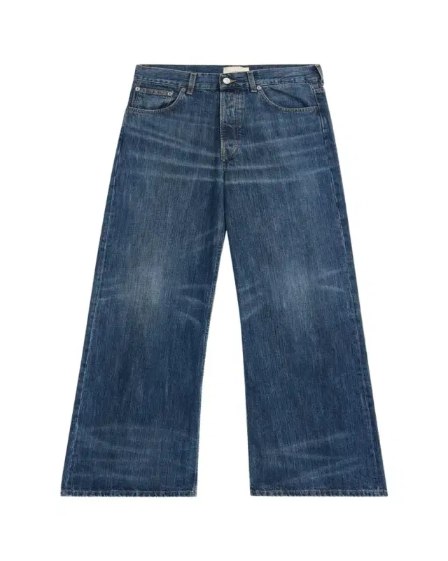 Men's Whiskered Dark Blue Denim Wide-Leg Jeans