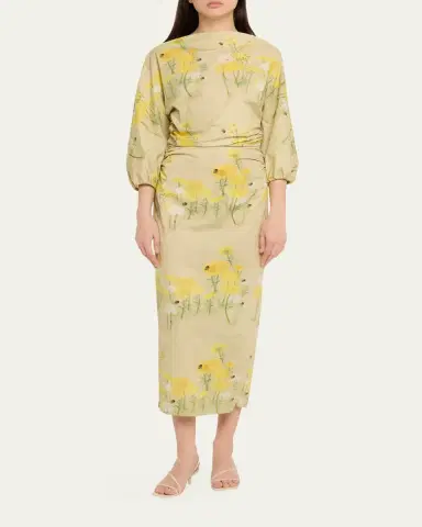 BERNADETTE Ezra Floral Ruched Cotton 3/4-Sleeve Midi Dress | Thumbnail 2 BERNADETTE Ezra Floral Ruched Cotton 3/4-Sleeve Midi Dress | Thumbnail 2