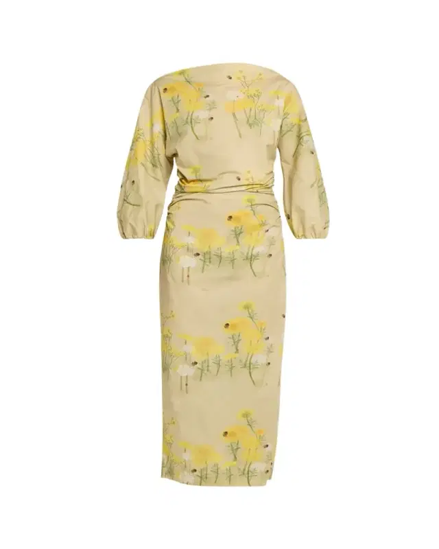 BERNADETTE Ezra Floral Ruched Cotton 3/4-Sleeve Midi Dress