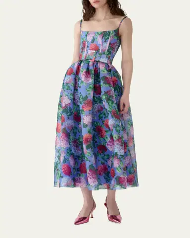 Carolina Herrera Hydrangea-Print Silk Organza Fit-and-Flare Midi Dress | Thumbnail 2 Carolina Herrera Hydrangea-Print Silk Organza Fit-and-Flare Midi Dress | Thumbnail 2