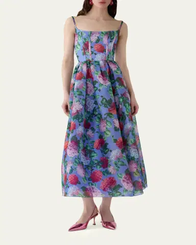 Carolina Herrera Hydrangea-Print Silk Organza Fit-and-Flare Midi Dress | Thumbnail 4 Carolina Herrera Hydrangea-Print Silk Organza Fit-and-Flare Midi Dress | Thumbnail 4