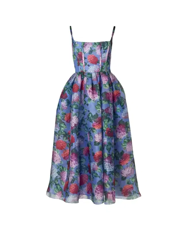 Hydrangea-Print Silk Organza Fit-and-Flare Midi Dress