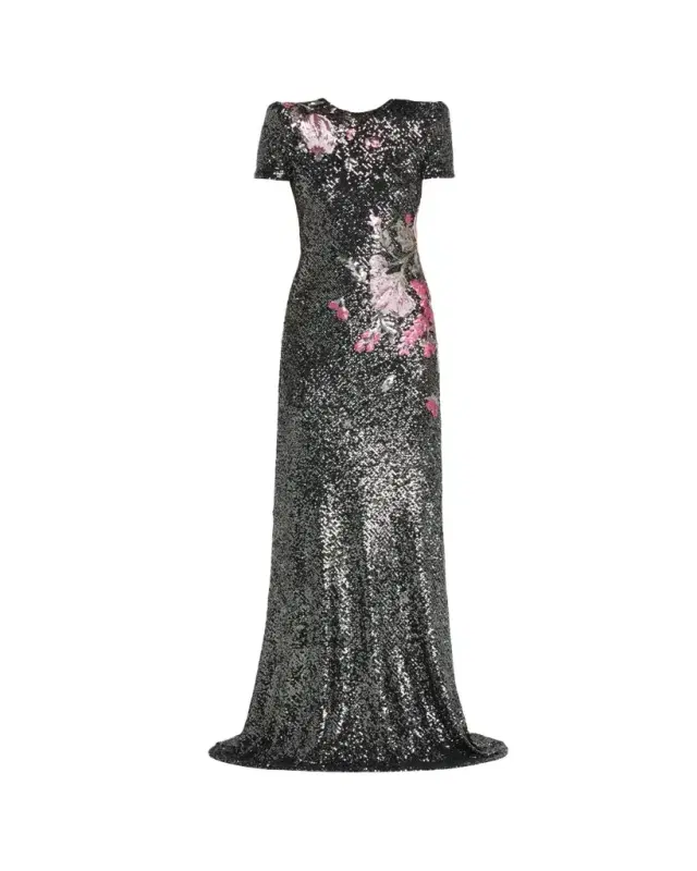 Naeem Khan Floral Applique Stretch Sequin Cap-Sleeve Gown