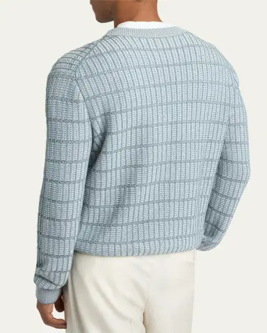 Brioni Men's Cotton and Linen Grid Knit Crewneck Sweater | Thumbnail 3