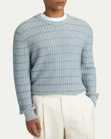 Brioni Men's Cotton and Linen Grid Knit Crewneck Sweater | Thumbnail 4