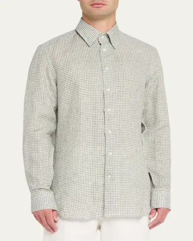 Bergdorf Goodman Men's Linen Gingham Check Sport Shirt | Thumbnail 4 Bergdorf Goodman Men's Linen Gingham Check Sport Shirt | Thumbnail 4