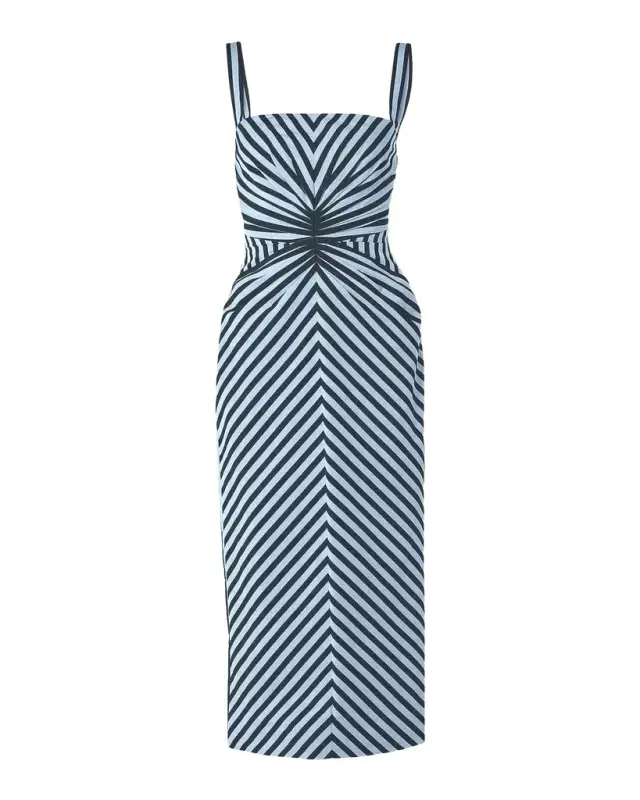 Carolina Herrera Sleeveless Striped Gathered-Waist Midi Dress