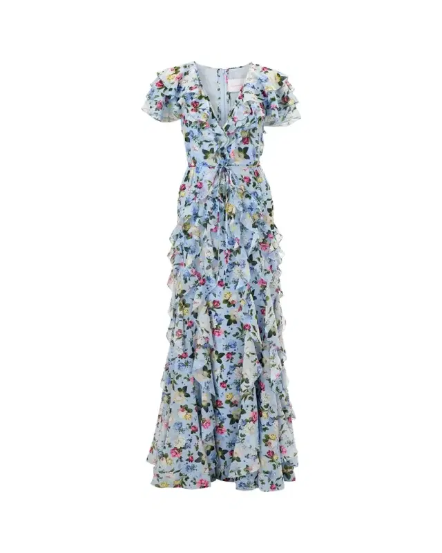 Floral Ruffle Chiffon Short-Sleeve Maxi Dress