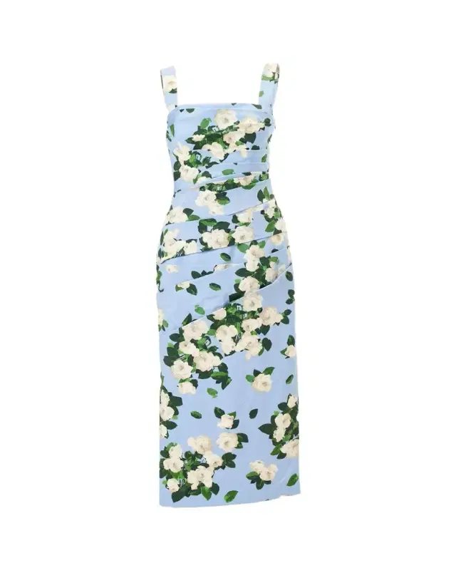Draped Floral Cotton Sleeveless Midi Dress