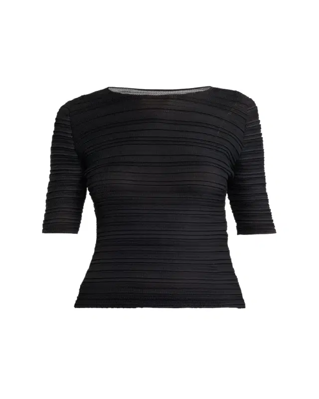 Issey Miyake Jiggly Pleated Plisse Elbow-Sleeve Top