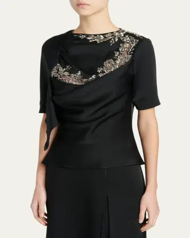 McQueen Embroidered Lace Draped Silk Top | Thumbnail 4