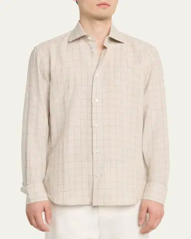 Baldassari Men's Linen Windowpane Check Button-Down Shirt | Thumbnail 4