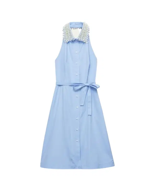 Prada Embellished-Collar Belted Cotton Halter Shirtdress