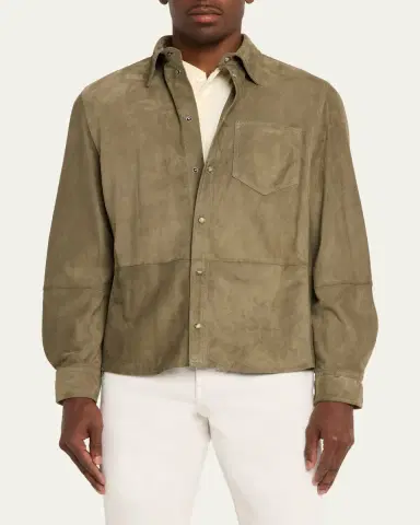 Brunello Cucinelli Men's Suede Snap-Front Overshirt | Thumbnail 4
