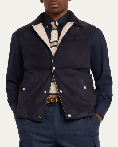 Brunello Cucinelli Men's Suede Snap-Front Vest | Thumbnail 4