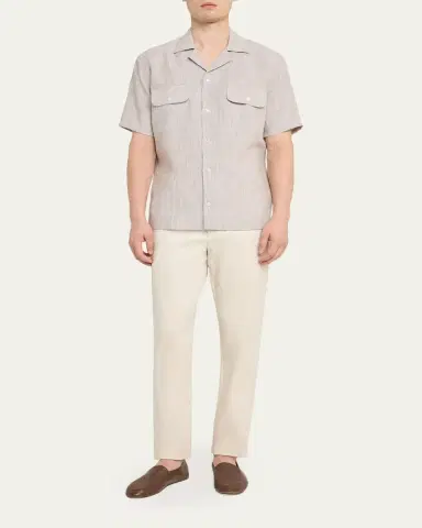 Baldassari Men's Linen Micro-Plaid Flap-Pocket Bowling Shirt | Thumbnail 2