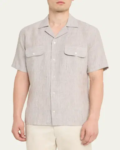Baldassari Men's Linen Micro-Plaid Flap-Pocket Bowling Shirt | Thumbnail 4