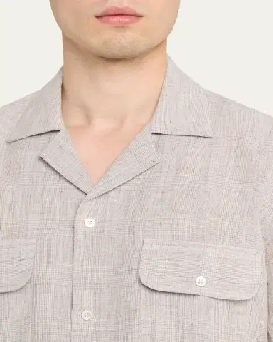 Baldassari Men's Linen Micro-Plaid Flap-Pocket Bowling Shirt | Thumbnail 5