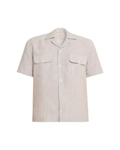 Baldassari Men's Linen Micro-Plaid Flap-Pocket Bowling Shirt | Thumbnail 1