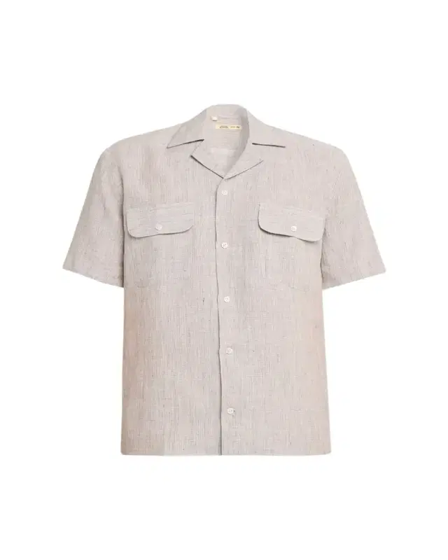 Baldassari Men's Linen Micro-Plaid Flap-Pocket Bowling Shirt