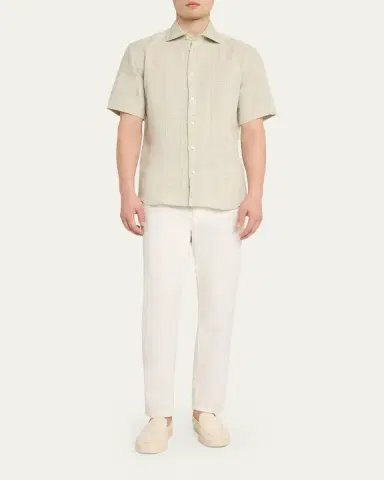 Baldassari Men's Linen Windowpane Check Short-Sleeve Shirt | Thumbnail 2