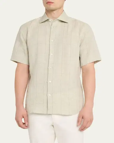 Baldassari Men's Linen Windowpane Check Short-Sleeve Shirt | Thumbnail 4
