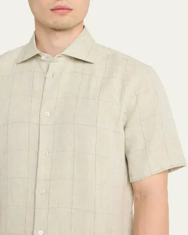 Baldassari Men's Linen Windowpane Check Short-Sleeve Shirt | Thumbnail 5