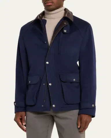 Brunello Cucinelli Men's Wool Leather-Trim Field Jacket | Thumbnail 4