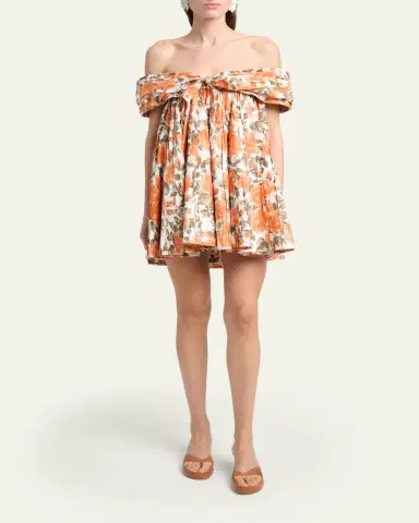 Chloé Floral Pleated Off-The-Shoulder Mini Babydoll Dress | Thumbnail 2