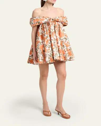 Chloé Floral Pleated Off-The-Shoulder Mini Babydoll Dress | Thumbnail 4