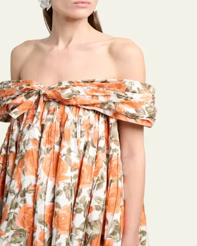 Chloé Floral Pleated Off-The-Shoulder Mini Babydoll Dress | Thumbnail 5