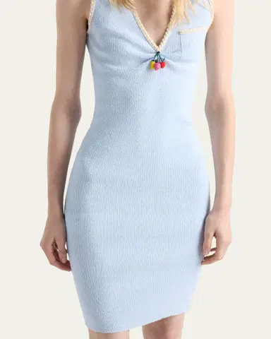 Prada V-Neck Beaded Charm Cotton Rib Dress | Thumbnail 4 Prada V-Neck Beaded Charm Cotton Rib Dress | Thumbnail 4