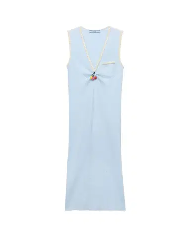 Prada V-Neck Beaded Charm Cotton Rib Dress | Thumbnail 1 Prada V-Neck Beaded Charm Cotton Rib Dress | Thumbnail 1